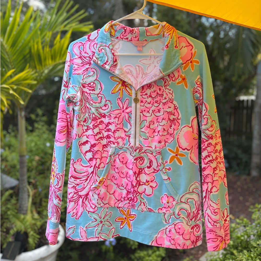 Lilly Pulitzer Aqua & Hot Pink Floral Half-Zip Pullover